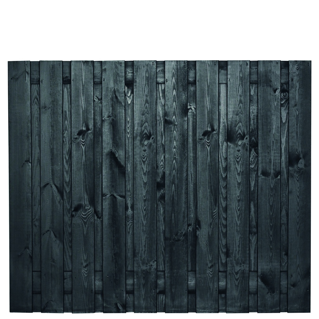 [P022248-8.52150P] Tuinscherm zwart gesp. 21 planks (19+2) Stuttgart 150x180cm Planken: 1.6x14.0cm / 19 stuks 2 tussenplanken van 1.6x14.0cm, rvs geschroefd  