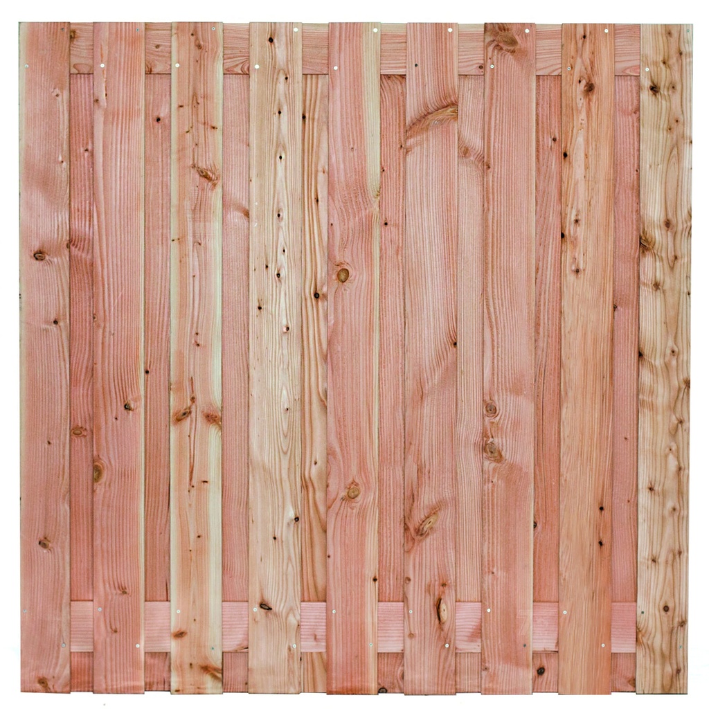 [P022194-8.21180P] Tuinscherm lariks 19 planks (17+2) Salzburg H180xB180cm Planken: 1.6x14.0cm / 17 stuks 2 tussenplanken van 1.6x14.0cm, rvs geschroefd  