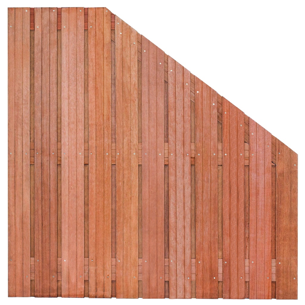 [P022238-8.43918] Tuinscherm hardhout 23 planks (21+2) Hoorn 180/90x180cm VERLOOP Planken: 1.4x14.0cm / 21 stuks 2 tussenregels van 1.4x14.0cm, rvs geschroefd houtsoort: Keruing 