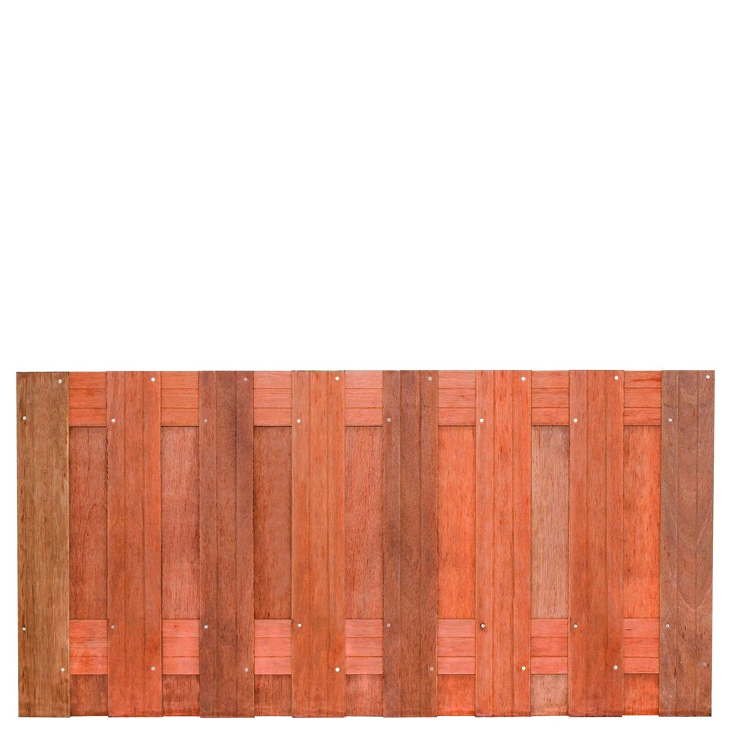 [P022234-8.40090] Tuinscherm hardhout 17 planks (15+2) Kampen 90x180cm Planken: 1.4x14.0cm / 15 stuks 2 tussenregels van 1.4x14.0cm, rvs geschroefd houtsoort: Keruing 