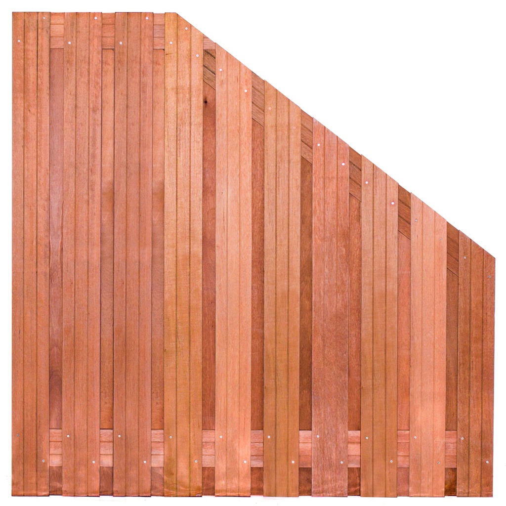 [P022237-8.42918] Tuinscherm hardhout 21 planks (19+2) Dronten 180/90x180cm VERLOOP Planken: 1.4x14.0cm / 19 stuks 2 tussenregels van 1.4x14.0cm, rvs geschroefd houtsoort: Keruing 
