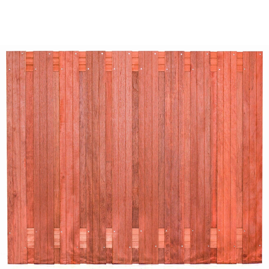 [P002245-8.42150] Tuinscherm hardhout 21 planks (19+2) Dronten 180 x 150 Planken: 1.4x14.0cm / 19 stuks 2 tussenregels van 1.4x14.0cm, rvs geschroefd houtsoort: Keruing 
