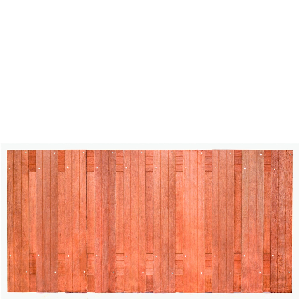 [P002243-8.42090] Tuinscherm hardhout 21 planks (19+2) Dronten 180 x 90 Planken: 1.4x14.0cm / 19 stuks 2 tussenregels van 1.4x14.0cm, rvs geschroefd houtsoort: Keruing 