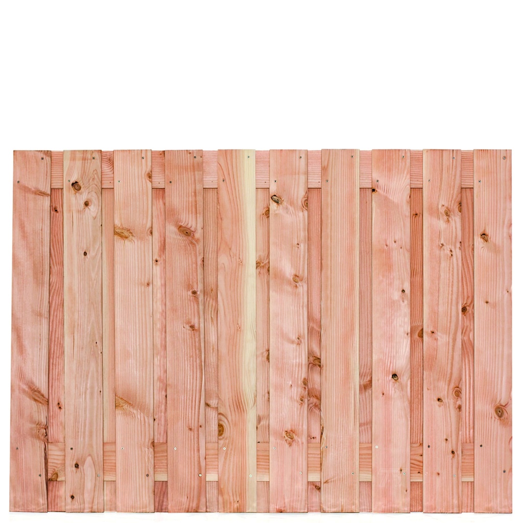 [P022198-8.22130P] Tuinscherm lariks 21 planks (19+2) Zwarte Woud 130x180cm Planken: 1.6x14.0cm / 19 stuks 2 tussenplanken van 1.6x14.0cm, rvs geschroefd  