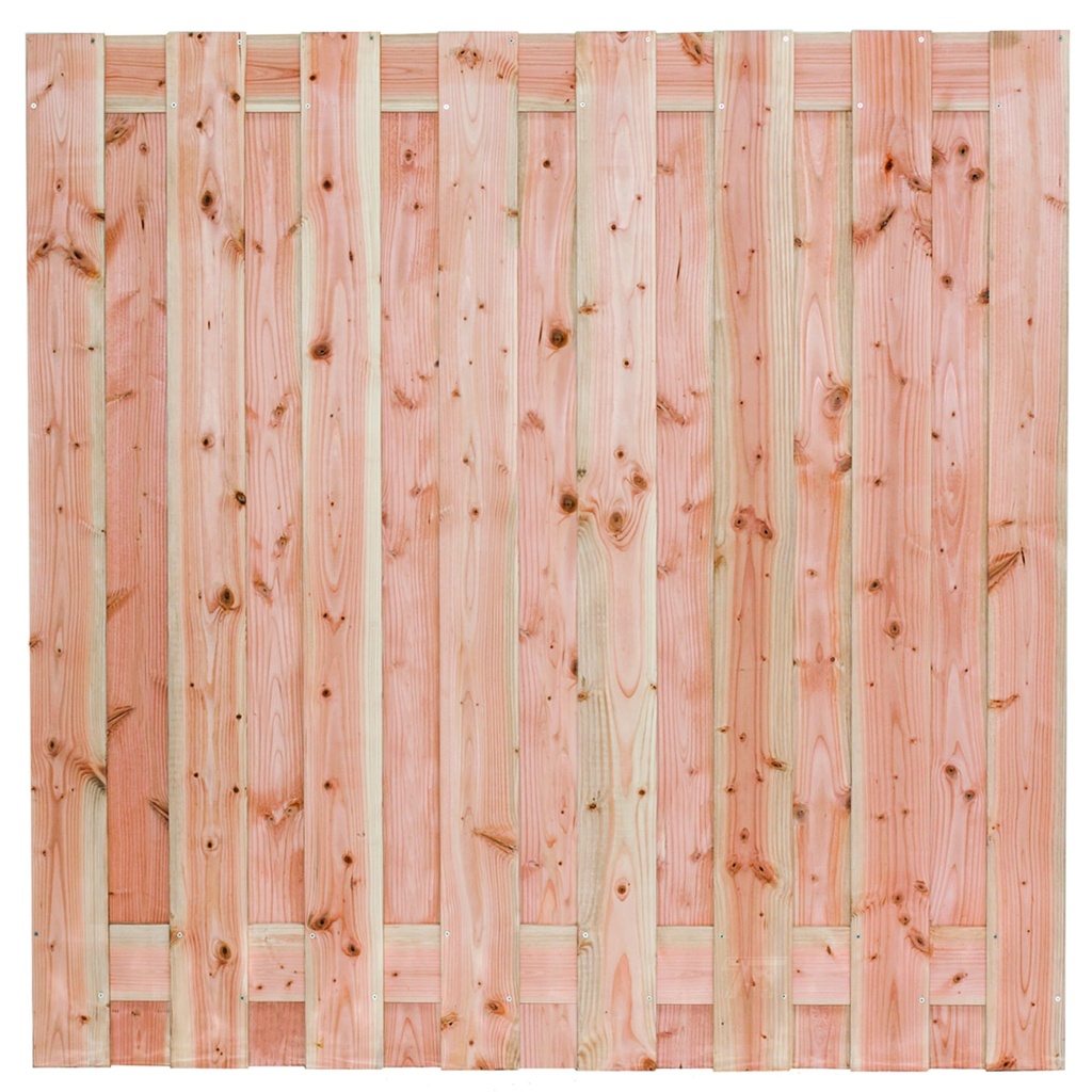 [P022192-8.20180P] Tuinscherm lariks 17 planks (15+2) Zillertal 180x180cm Planken: 1.6x14.0cm / 15 stuks 2 tussenplanken van 1.6x14.0cm, rvs geschroefd  