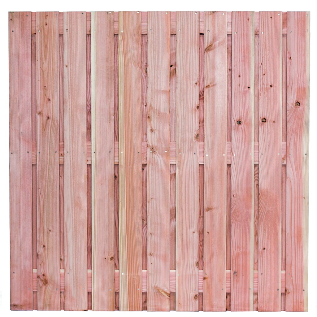 [P022213-8.23180P] Tuinscherm lariks 23 planks (21+2) Harz 180x180cm Planken: 1.6x14.0cm / 21 stuks 2 tussenplanken van 1.6x14.0cm, rvs geschroefd  