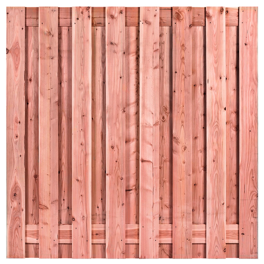 [P022221-8.24180P] Tuinscherm lariks 17 planks (15+2) Winterberg 180x180cm fijnbezaagd Planken: 1.6x14.0cm / 15 stuks 2 tussenplanken van 1.6x14.0cm, rvs geschroefd  