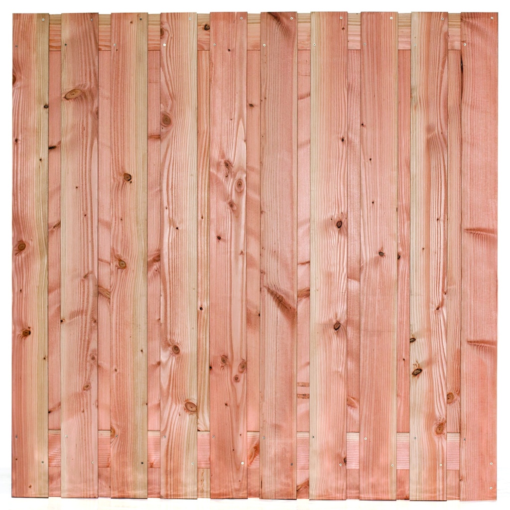 [P022203-8.22180P] Tuinscherm lariks 21 planks (19+2) Zwarte Woud 180x180cm Planken: 1.6x14.0cm / 19 stuks 2 tussenplanken van 1.6x14.0cm, rvs geschroefd  