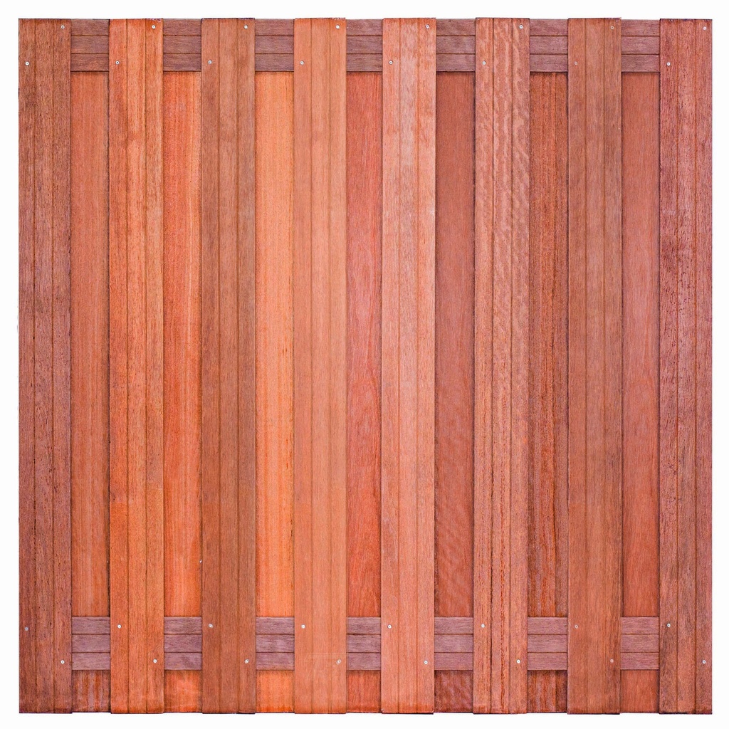[P022235-8.40180] Tuinscherm hardhout 17 planks (15+2) Kampen 180x180cm Planken: 1.4x14.0cm / 15 stuks 2 tussenregels van 1.4x14.0cm, rvs geschroefd houtsoort: Keruing 
