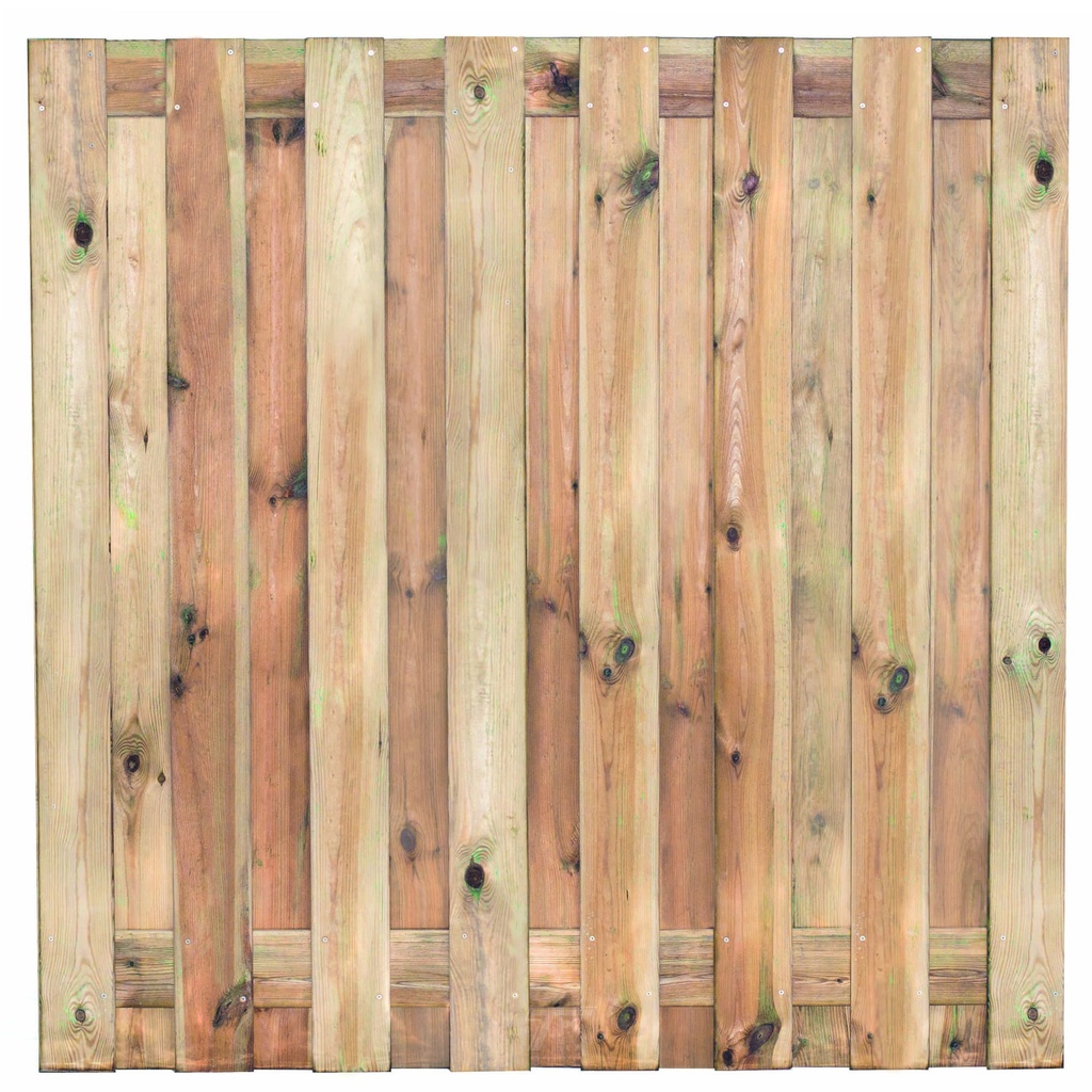 [P022125-8.10180P] Tuinscherm geïmp. 17 planks (15+2) Coevorden 180x180cm Planken: 1.6x14.0cm / 15 stuks 2 tussenplanken van 1.6x14.0cm, rvs geschroefd  