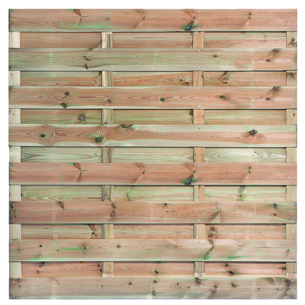 [P022171-8.14185P] Tuinscherm geïmpregneerd 15 planks Erica H180xB180cm Planken: 1.6x14.0cm / 15 stuks 4 tussenregels van 1.7x7.0cm, rvs geschroefd  